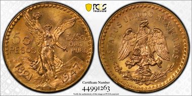 1947 50 Peso KM-481  Au MS65