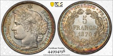 1870-A 5 Fr Gad-743 F-333 Cérès Avec légende MS64