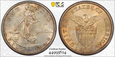 1908-S Peso KM-172  Ag AU58
