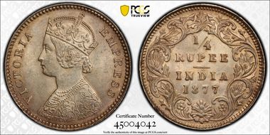 1877(C) 1/4 Rup SW-6.247 No Dot MS63
