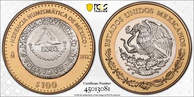 2012-Mo 100 P Zacatecas Provisional 8R Numismatic Heritage PL69