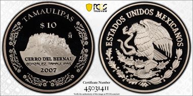 2007-Mo 10 Peso Tamaulipas KM-843  Ag PR70DCAM