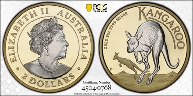 2022-P $2 Kangaroo Reverse Gilded 2oz .9999 Silver PR69DCAM
