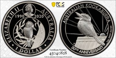 2020-P $1 Kookaburra Ag 30th Anniv. High Relief PR70DCAM