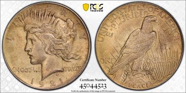 1921 $1 High Relief, Peace AU58+