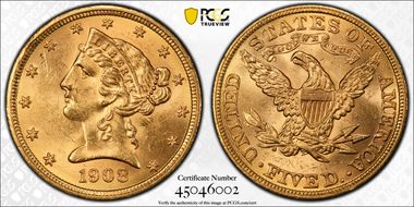 1908 $5 Liberty MS63