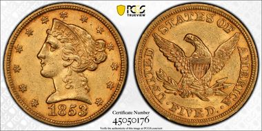 1853 $5 MS62