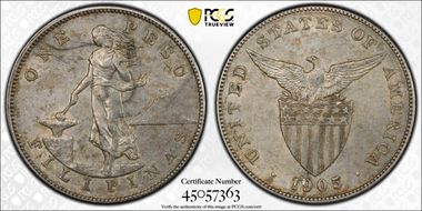 1905-S Peso Allen-16.06 Curved Serif AU55