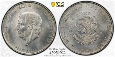 1957-Mo 5 Peso Hidalgo KM-469  Ag MS65