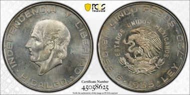 1955-Mo 5 Peso KM-469  Ag MS65