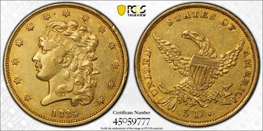 1834 $5 Classic Head, HM-6 AU55