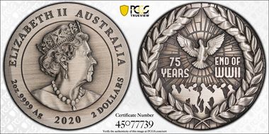 2020-P $2 75th Ann. End of WWII 2oz Ag Antique Finish MS70