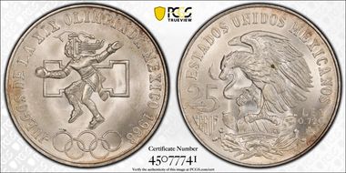 1968-Mo 25 Peso Olympic KM-479.1 Rings Align, Straight Tongue MS66