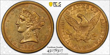 1866-S $5 Motto AU53