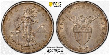 1905-S Peso Allen-16.06 Curved Serif AU55