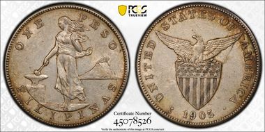 1905-S Peso Allen-16.06 Curved Serif AU53