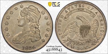 1836 50C O-106a LE, Beaded Reverse XF45