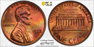 1982 1C Bronze, Large Date MS66RB