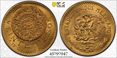 1921/10 20 Peso KM-478  Au MS63