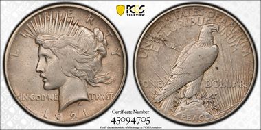 1921 $1 High Relief, Peace VF35