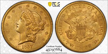 1857-S $20 AU58+