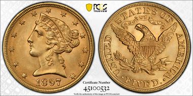 1897 $5 MS66+