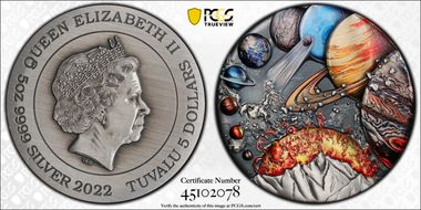 2022 $5 Solar System 5oz Ag Antique Finish MS70