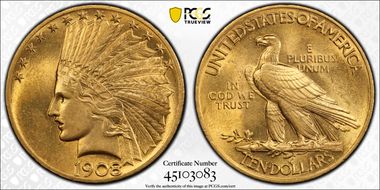 1908 $10 Motto AU58
