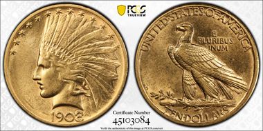 1908-D $10 No Motto AU58