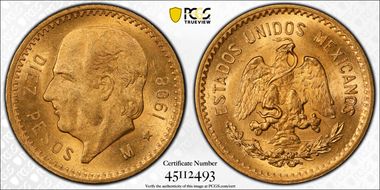 1908-M 10 Peso KM-473  Au MS65