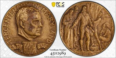 1934 Medal Maryland Tercentenary 56mm Medallic Art Co. NY Bronze MS62