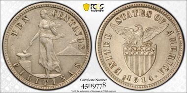 1914-S 10C Allen 8.10a Short Bar AU55