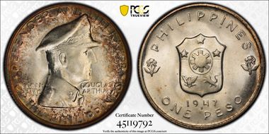 1947-S Peso Douglas MacArthur KM-185  Ag MS65