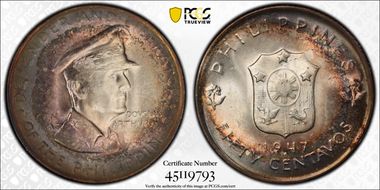 1947-S 50C Douglas MacArthur KM-184  Ag MS65