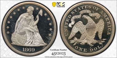 1869 $1 PR66DCAM