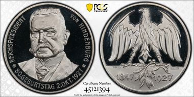 1927 Medal  80th Ann. Hindenburg Ag 990 edge SP66