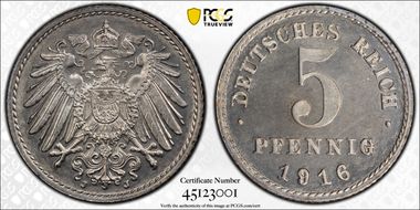 1916-J 5 Pfg J-297 PR66