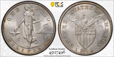 1908-S Peso KM-172  Ag AU58