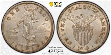 1910-S Peso KM-172  Ag AU55