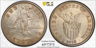 1910-S Peso KM-172  Ag AU58