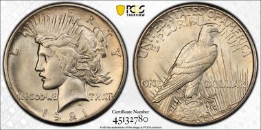 1921 $1 High Relief, Peace AU58