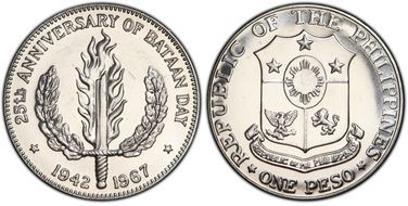 1967 Peso Bataan Day KM-195  Ag MS64