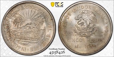 1950-Mo 5 Peso Southeastern Railroad KM-466  Ag MS65