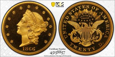 1866 $20 Motto PR67DCAM