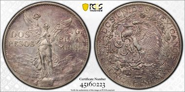 1921-Mo 2 Peso Centennial, 9 Tail F. KM-462  Ag AU53