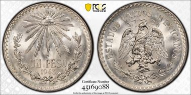 1943-M Peso KM-455  Ag MS67