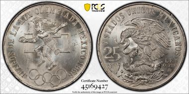 1968-Mo 25 Peso Olympic KM-479.2 Low Cntr Ring, Str. Tongue MS66