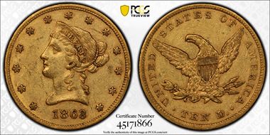 1863 $10 AU50