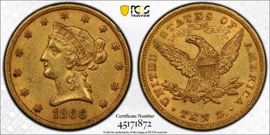 1866-S $10 Motto AU58
