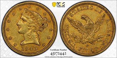 1843-D $5 Small D AU55